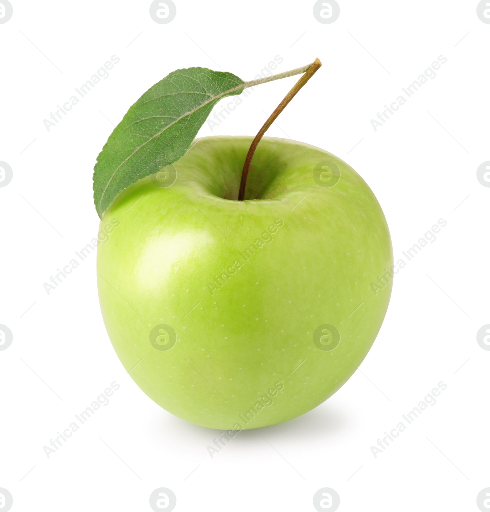 Photo of One ripe green apple with leaf isolated on white