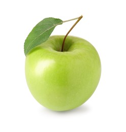 Photo of One ripe green apple with leaf isolated on white