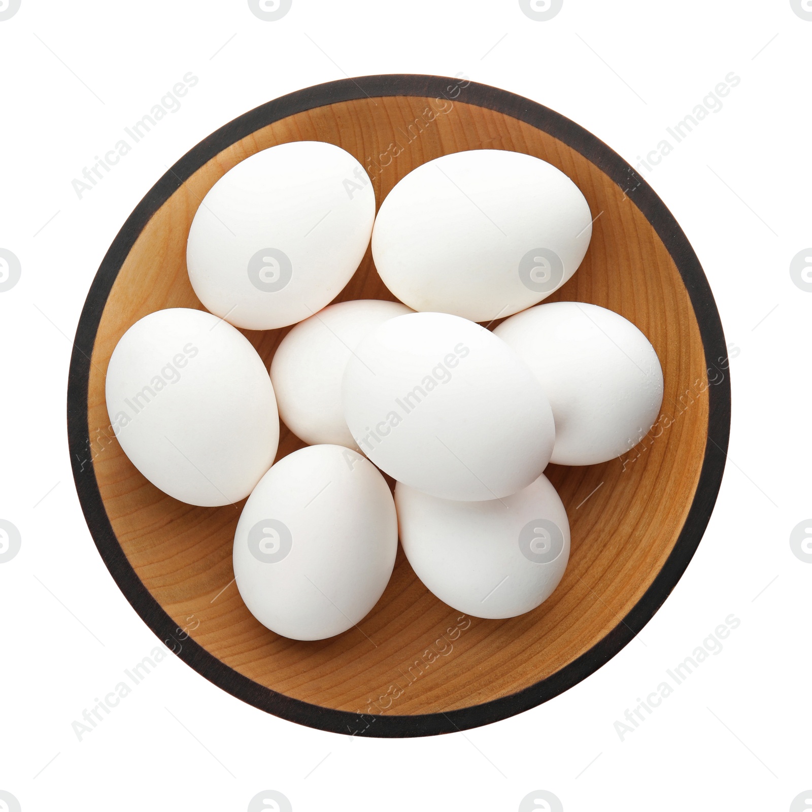 Photo of Bowl with raw chicken eggs on white background, top view