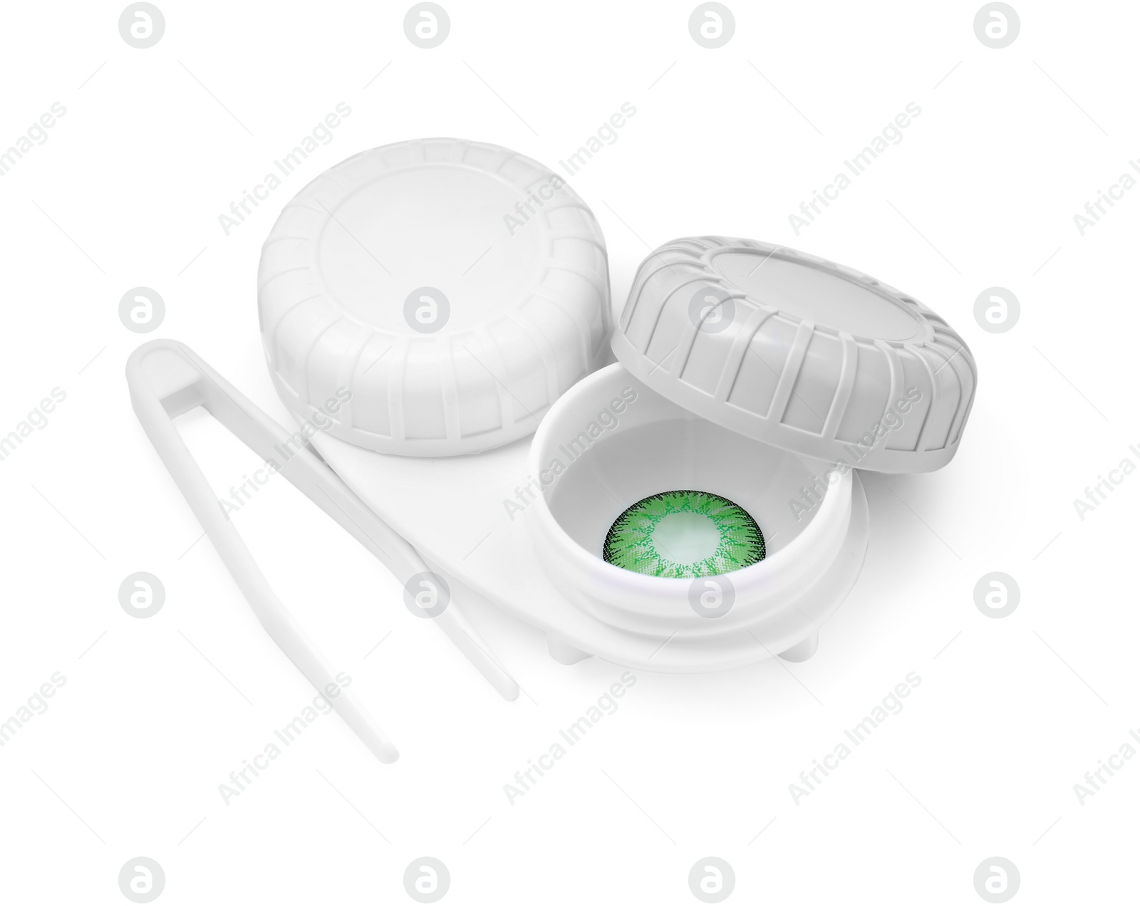 Photo of Case with green contact lenses and tweezers isolated on white