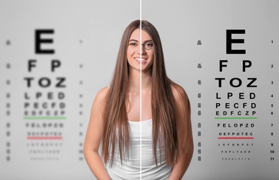 Collage with photos of woman with and without glasses and eye charts on light background. Visual acuity testing