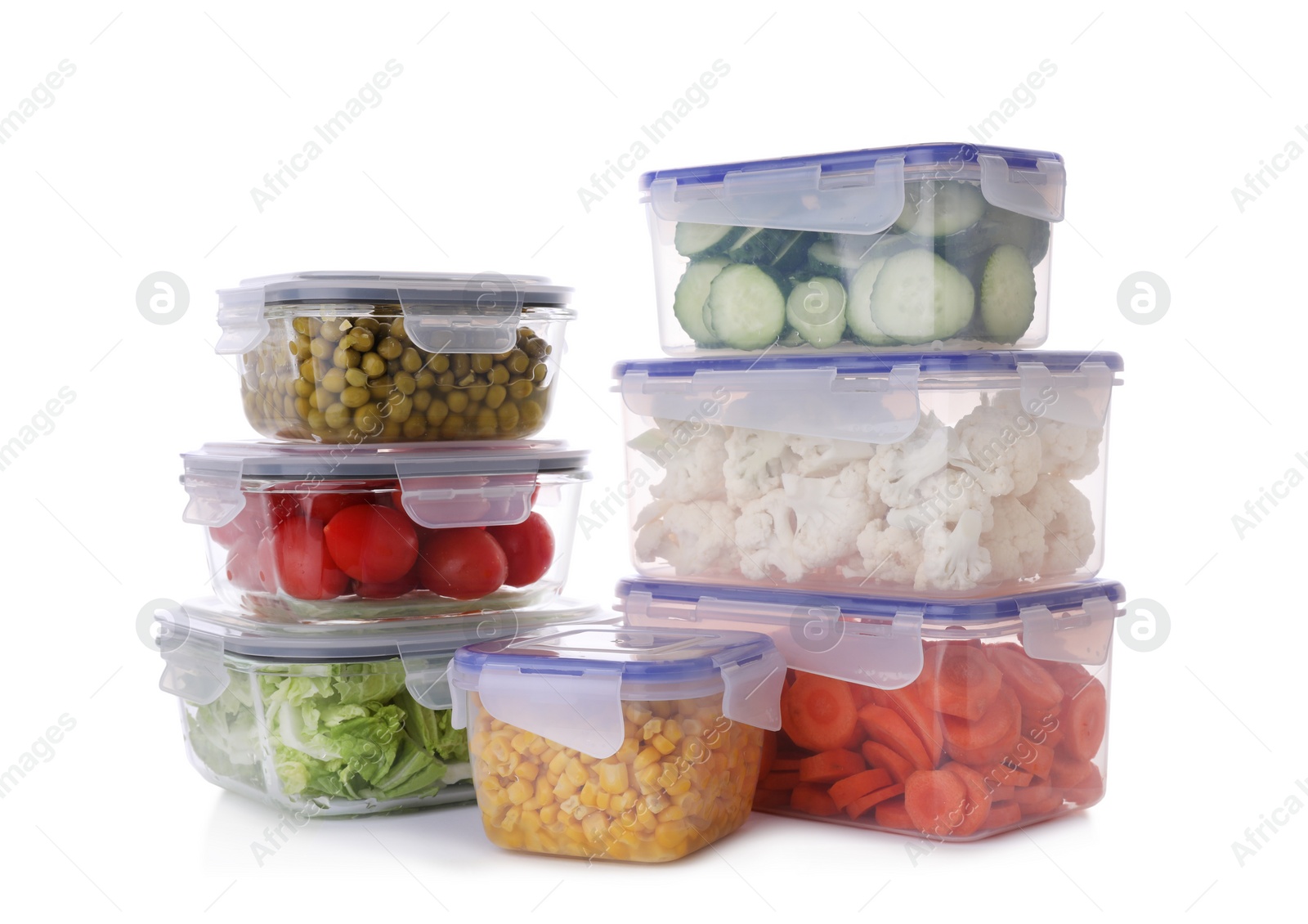 Photo of Plastic and glass containers with different fresh products isolated on white