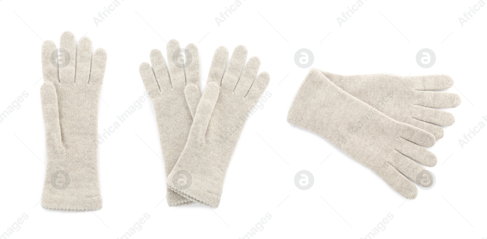 Image of Set of woolen gloves on white background. Banner design 