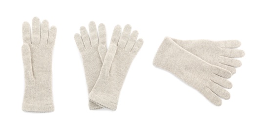 Image of Set of woolen gloves on white background. Banner design 