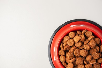 Photo of Dry dog food in feeding bowl on beige background, top view. Space for text