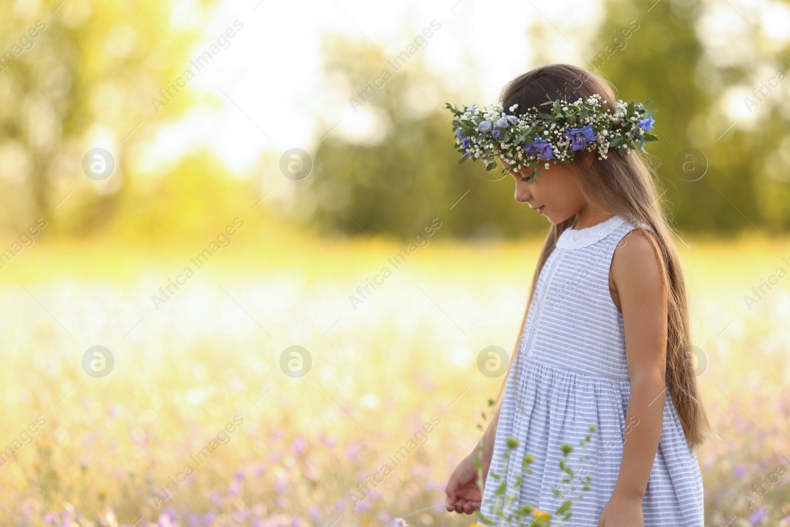 Photo of Cute little girl wearing flower wreath outdoors, space for text. Child spending time in nature