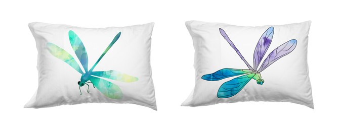 Soft pillows with stylish prints isolated on white