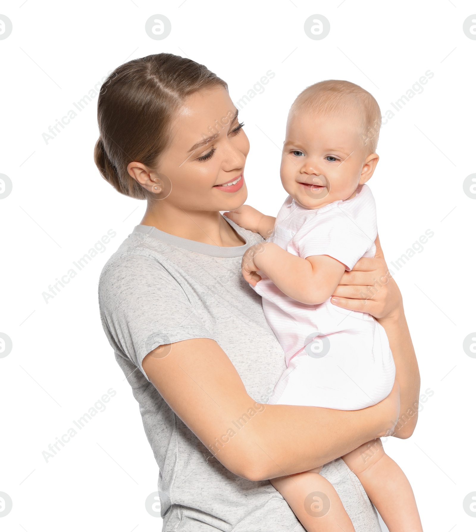 Photo of Portrait of happy mother with her baby isolated on white