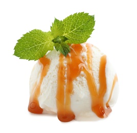 Scoop of delicious ice cream with caramel sauce and mint on white background