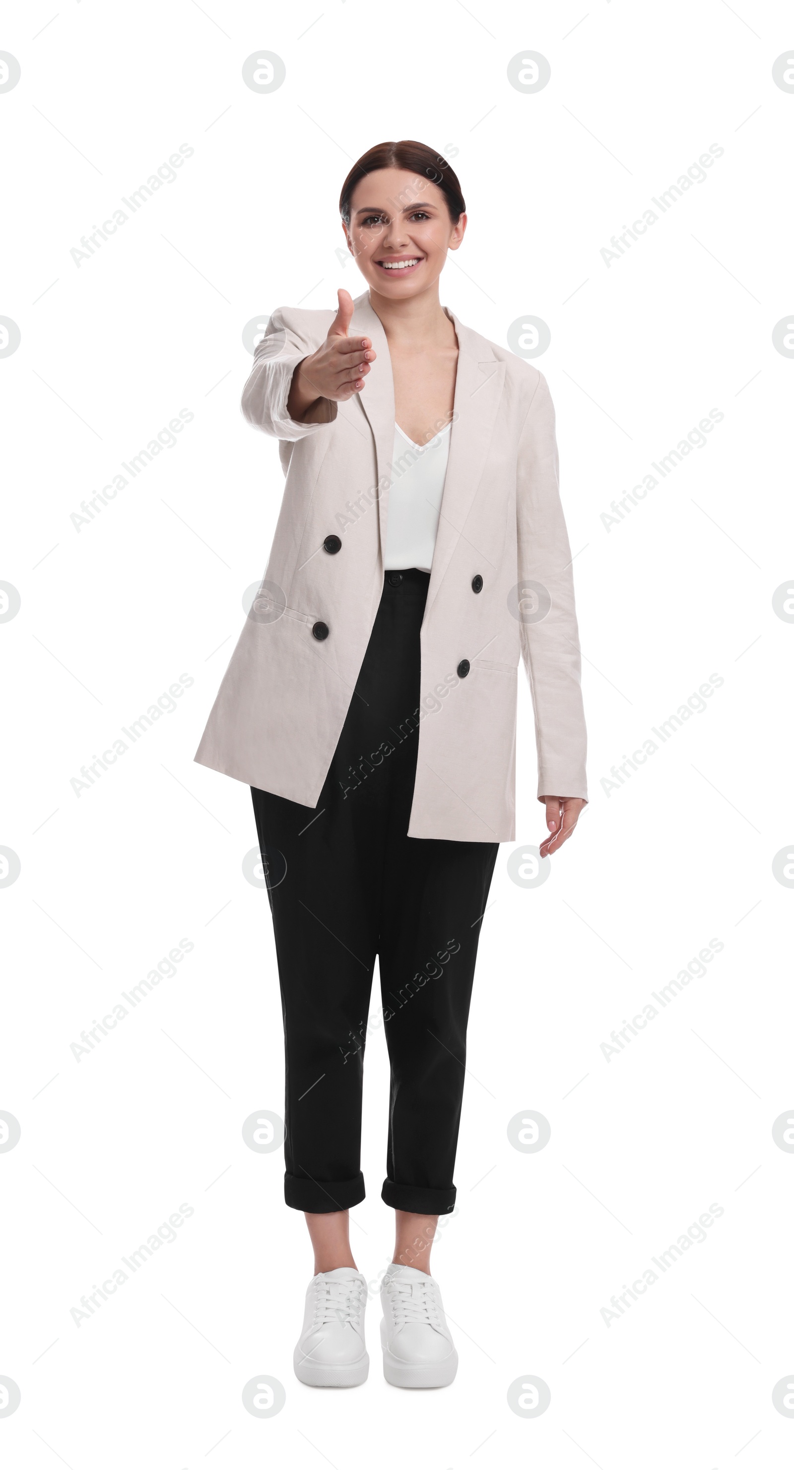 Photo of Beautiful young businesswoman in suit on white background