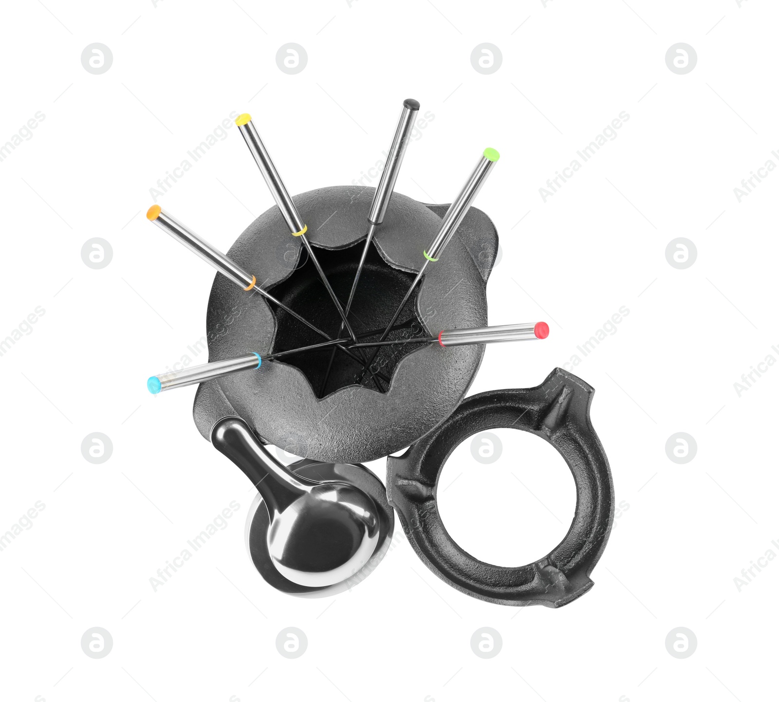 Photo of Fondue set isolated on white, top view. Kitchen equipment