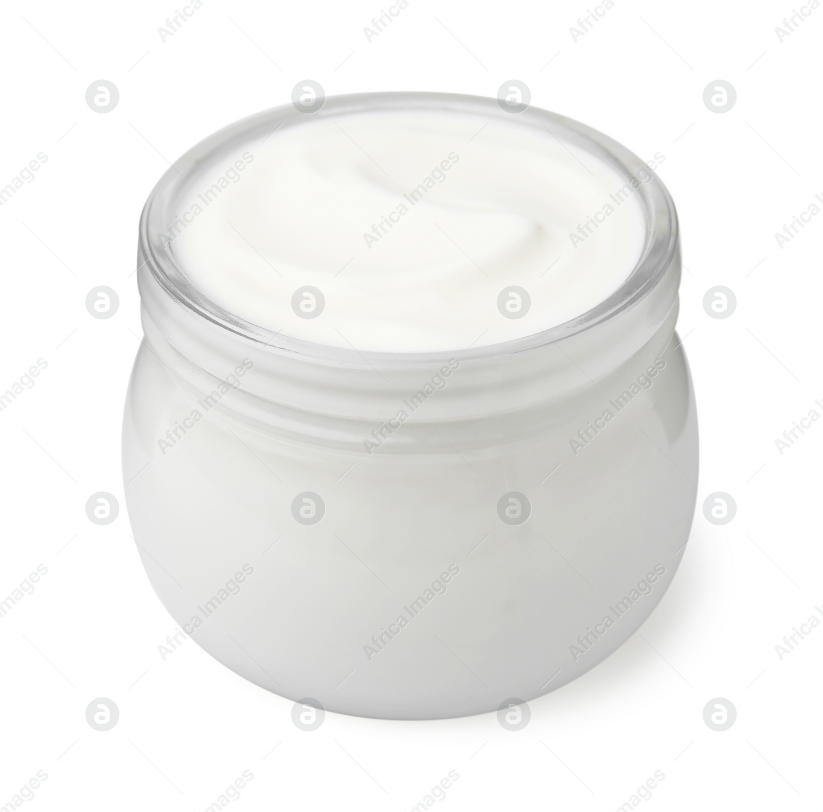 Photo of Delicious natural yogurt in glass jar isolated on white