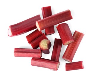 Cut fresh rhubarb stalks isolated on white, top view
