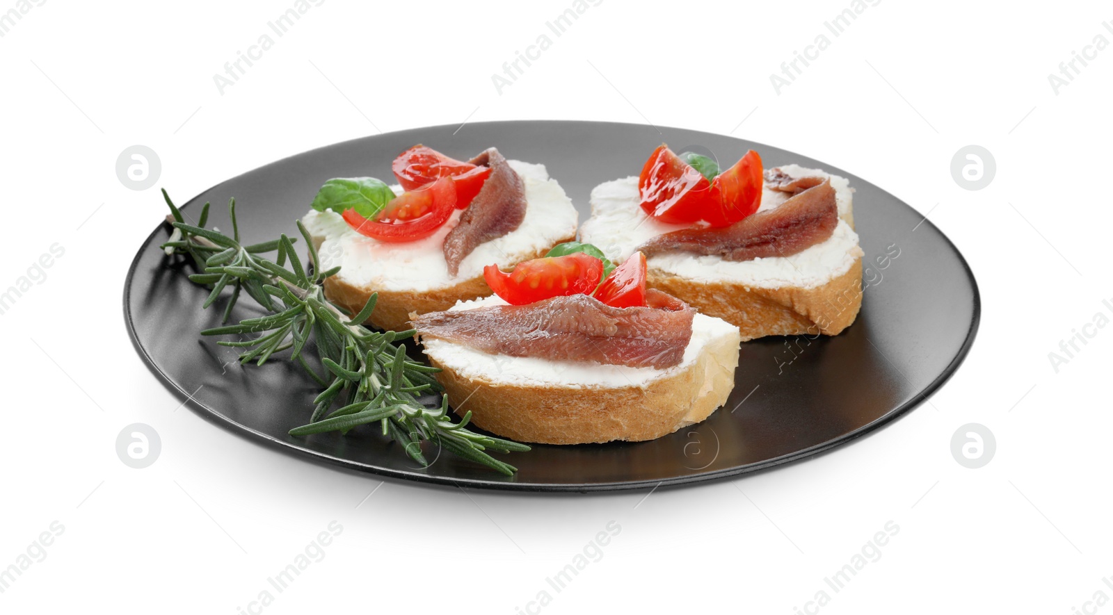 Photo of Delicious sandwiches with cream cheese, anchovies, tomatoes and basil on white background