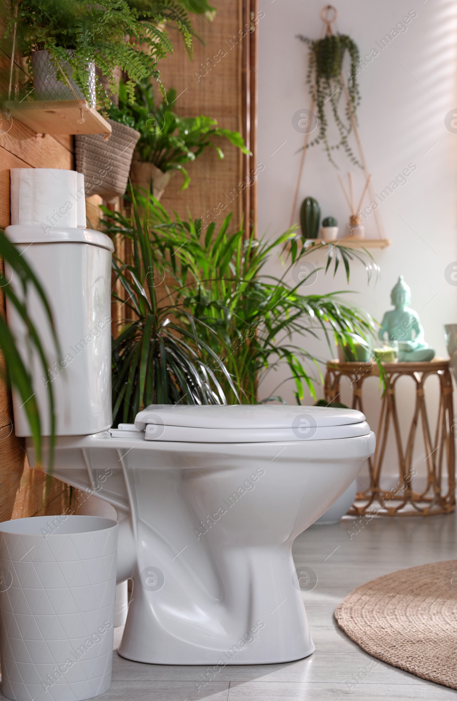 Photo of Stylish bathroom interior with toilet bowl and green plants