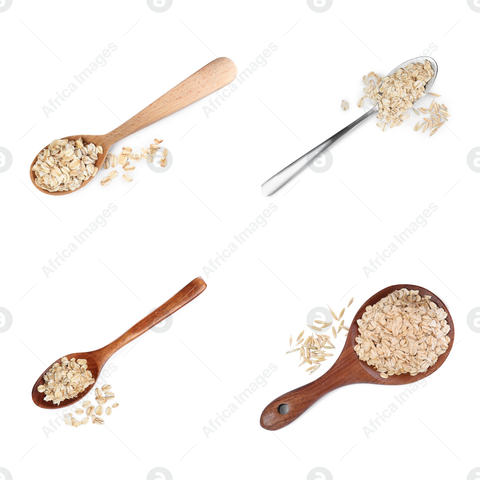 Image of Set with uncooked oatmeal on white background, top view