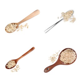 Image of Set with uncooked oatmeal on white background, top view