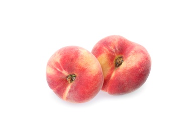 Photo of Fresh ripe donut peaches on white background, top view