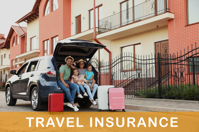 Image of Happy family with suitcases near car outdoors. Travel insurance
