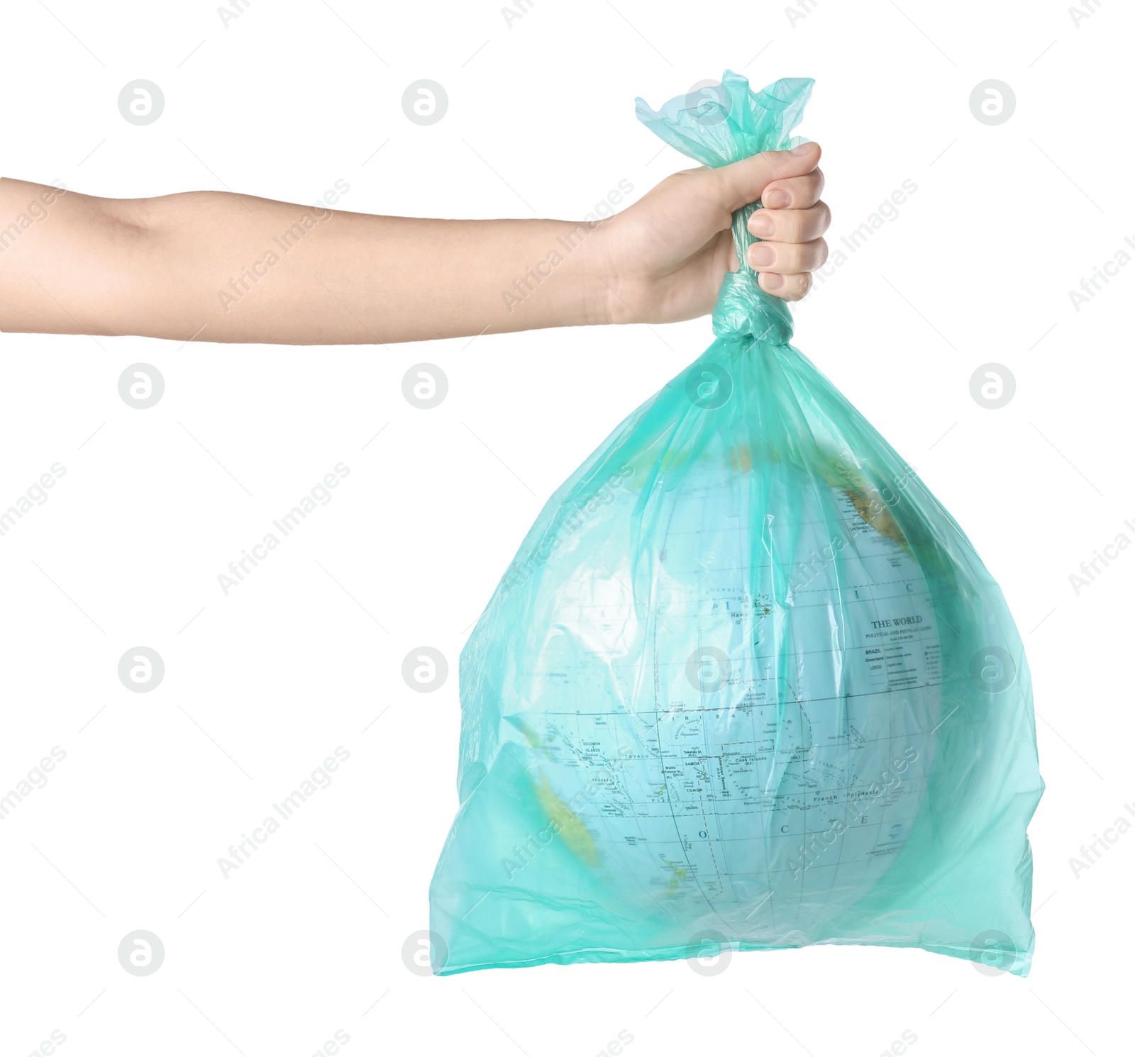 Photo of Woman holding globe in plastic bag on white background, closeup. Environmental protection concept