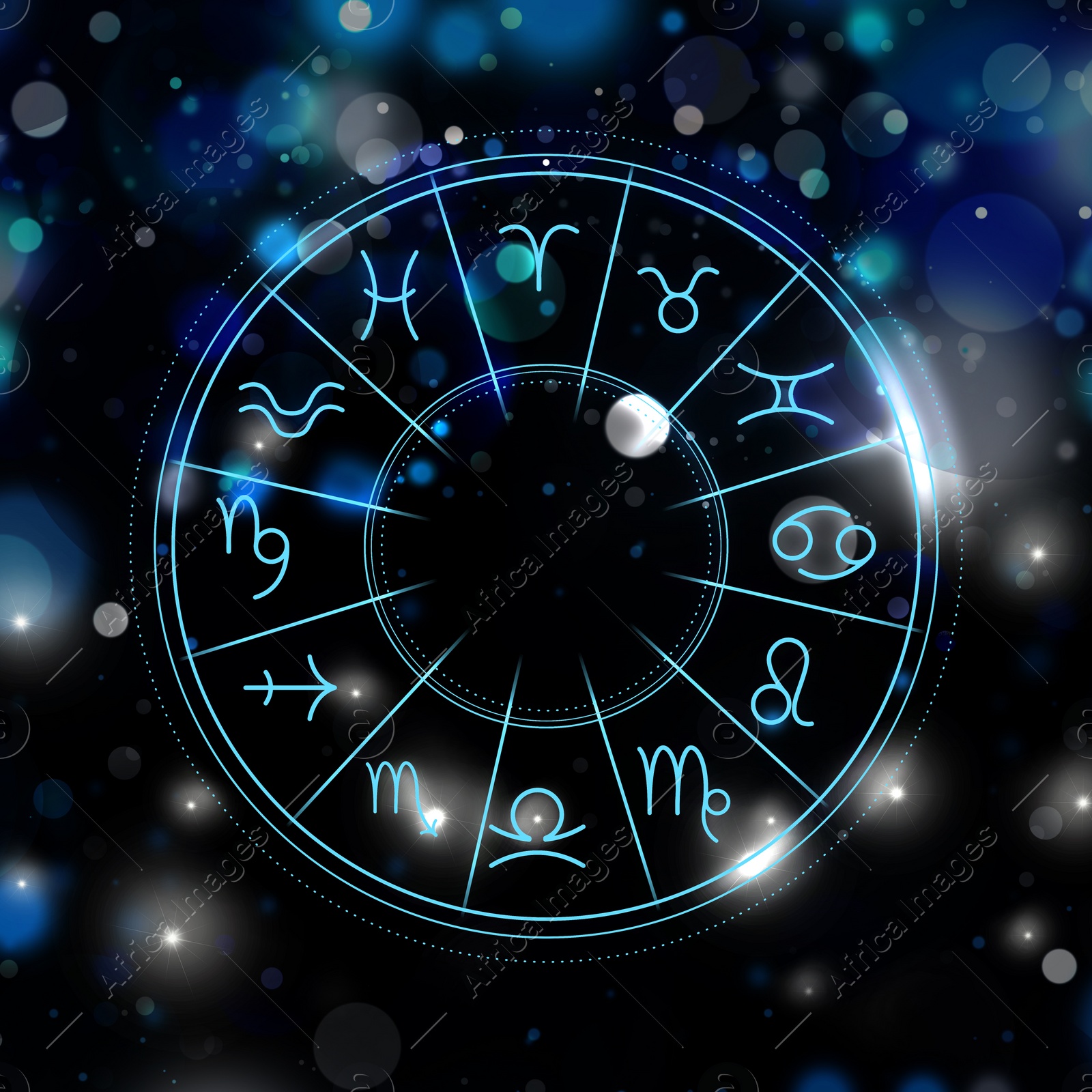 Illustration of  zodiac wheel with astrological signs on dark background. Bokeh effect