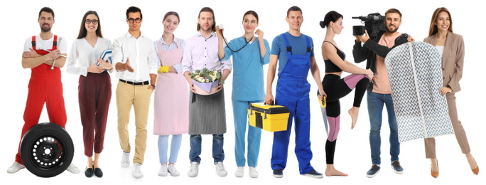 Collage with people of different professions on white background. Banner design