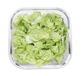 Photo of Glass container with fresh cabbage isolated on white, top view