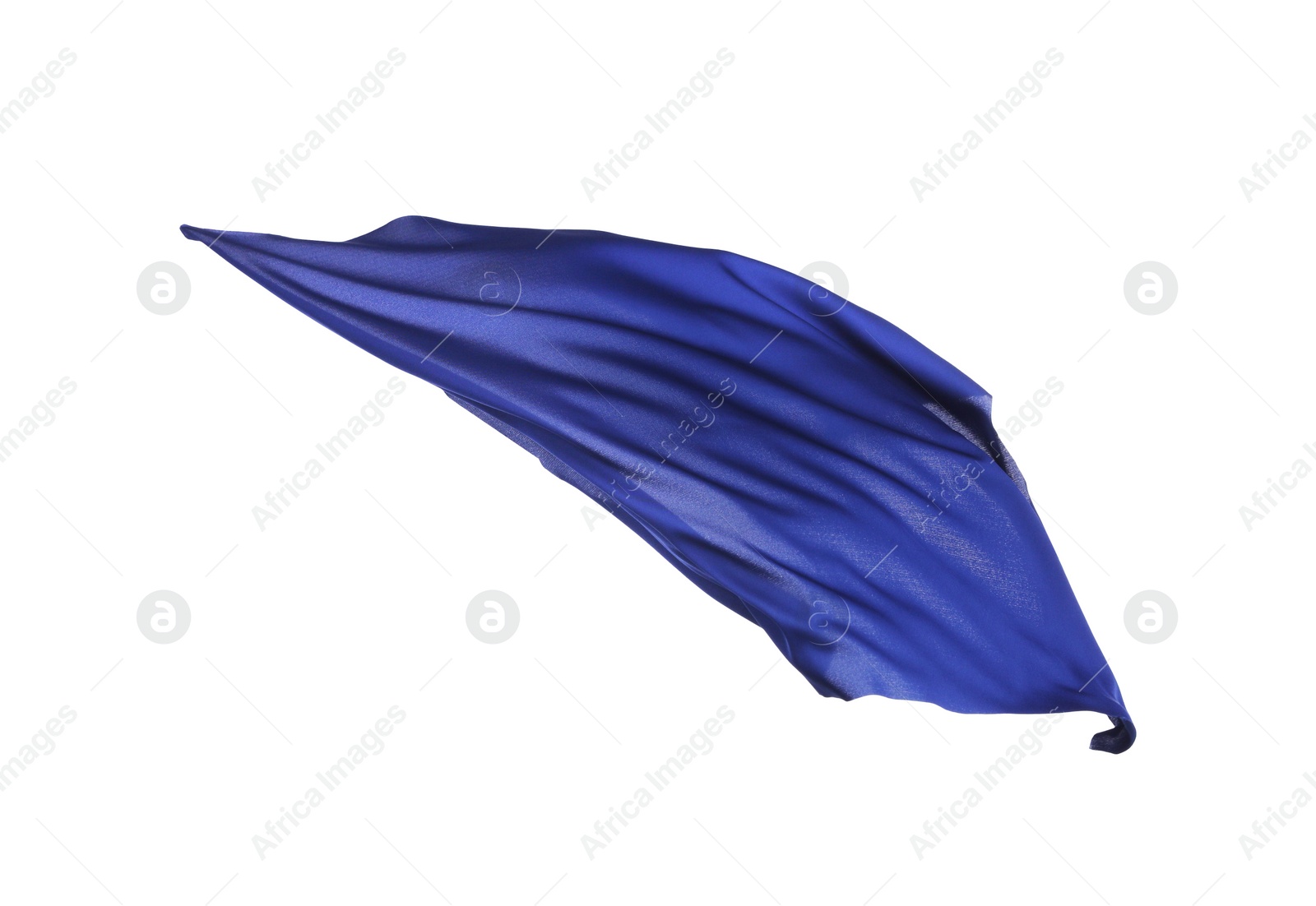 Photo of Beautiful delicate blue silk floating on white background