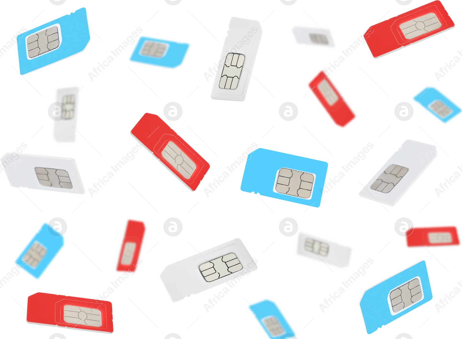 Image of Many different SIM cards falling on white background 