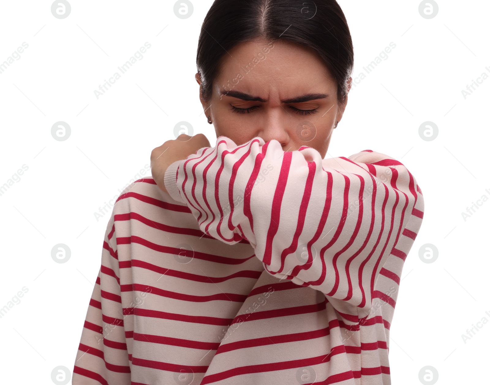 Photo of Woman coughing on white background. Cold symptoms