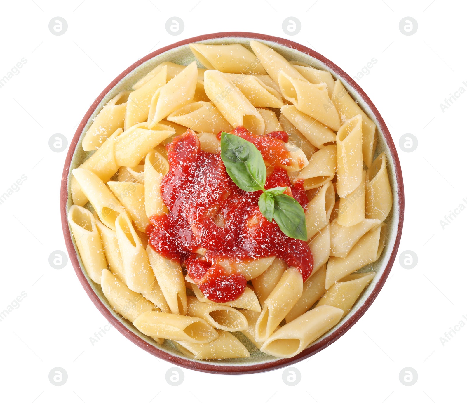 Photo of Delicious maltagliati pasta with tomato sauce isolated on white, top view