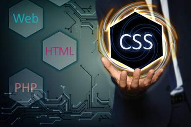 Image of Web development. Man using button CSS on virtual screen, closeup 