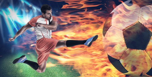 Image of Sports betting, online bookmaker service. Football player kicking big burning soccer ball at stadium. Banner design