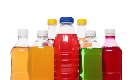 Photo of Bottles of soft drinks on white background, closeup