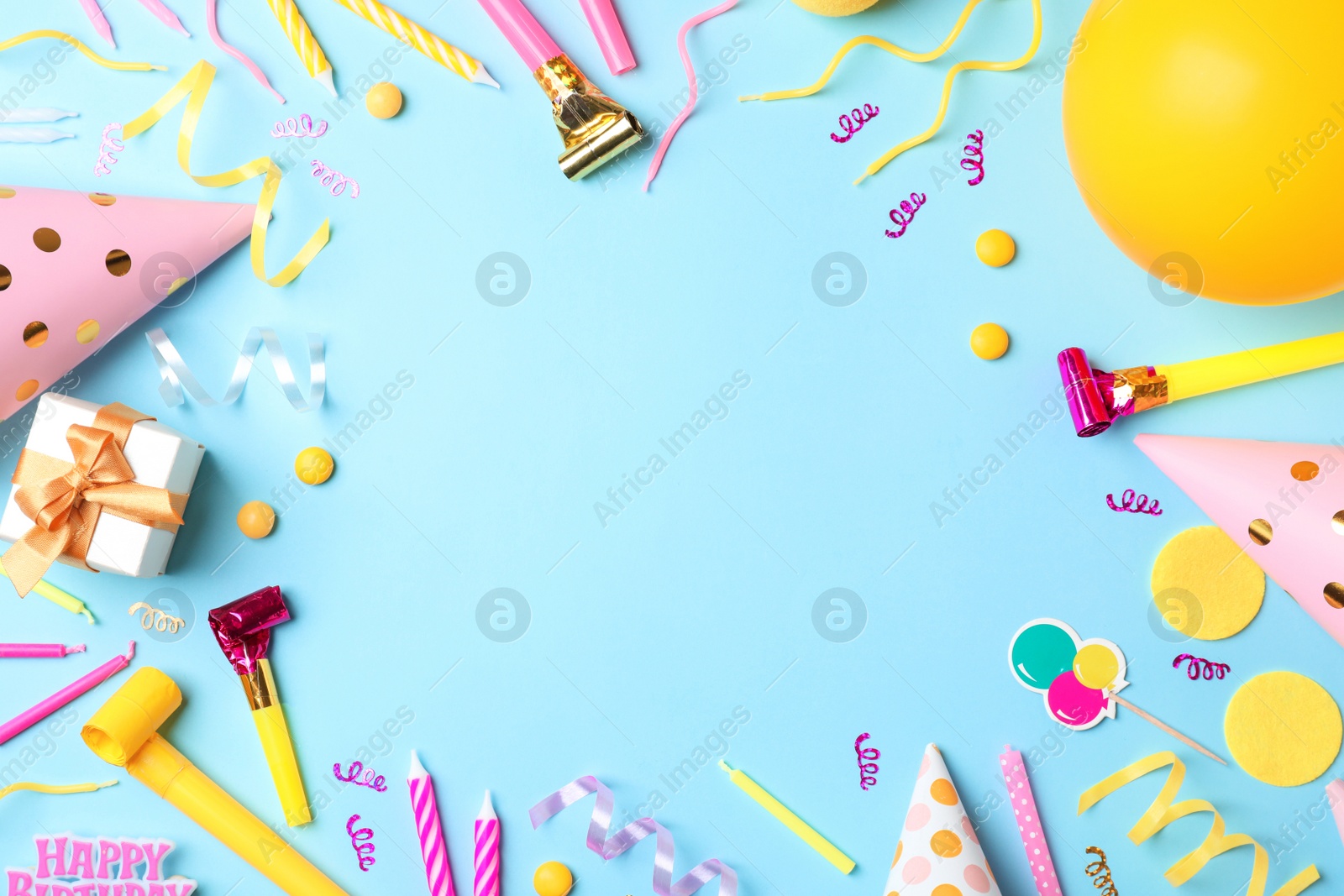 Photo of Flat lay composition with birthday party items on color background