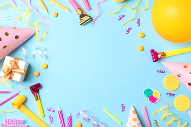 Flat lay composition with birthday party items on color background