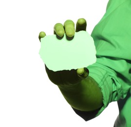 Man holding sheet of paper on white background, closeup and space for text. Color tone effect