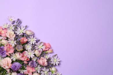 Flat lay composition with different beautiful flowers on violet background, space for text