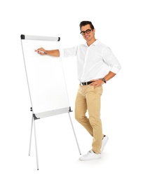 Photo of Professional business trainer near flip chart on white background