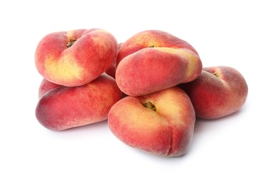 Photo of Fresh ripe donut peaches on white background