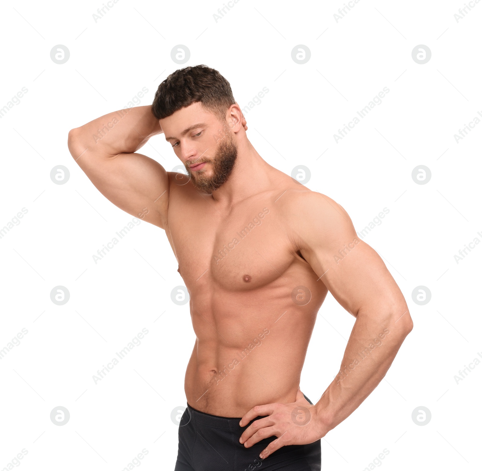 Photo of Handsome muscular man isolated on white. Sexy body