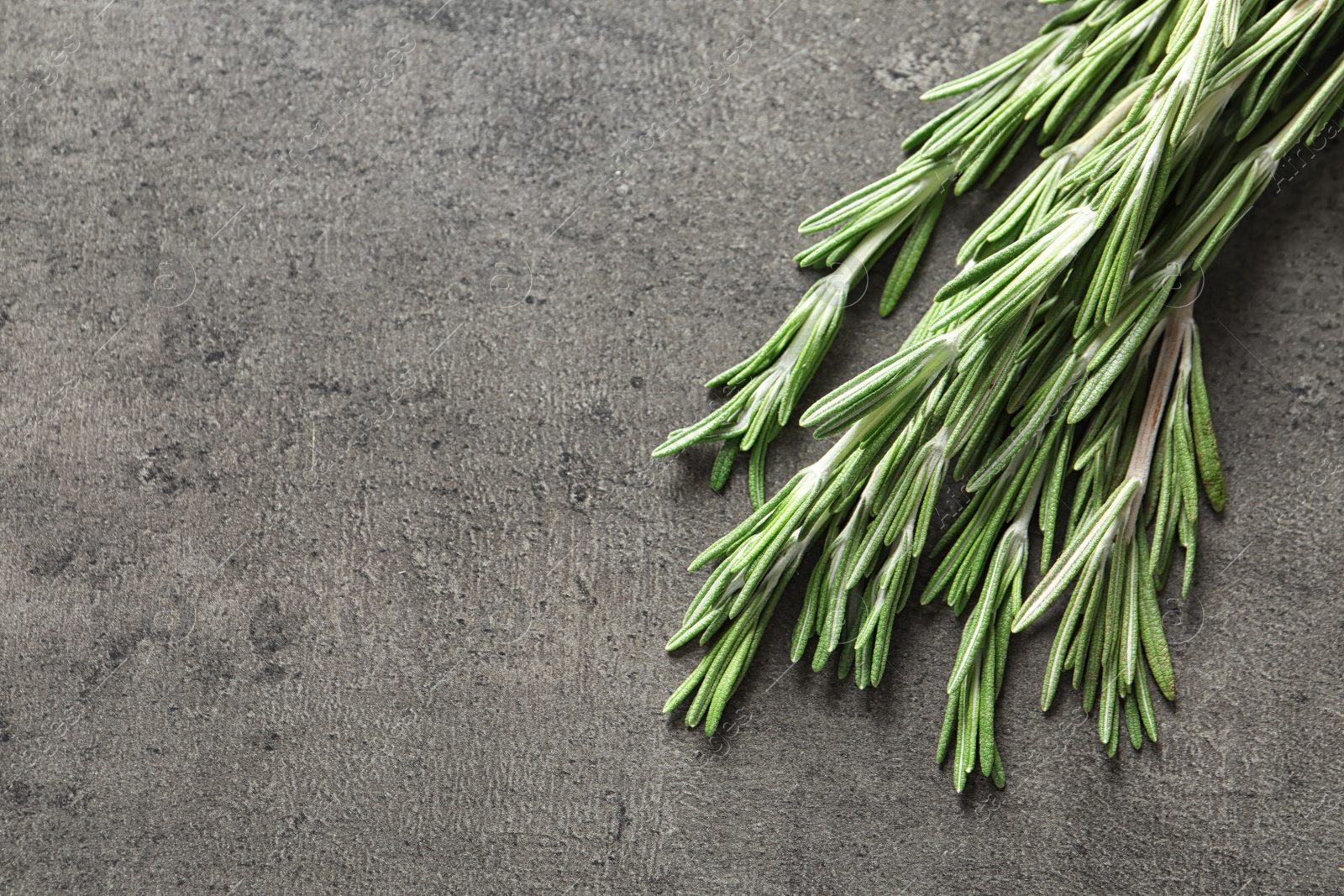 Photo of Fresh rosemary twigs on gray table