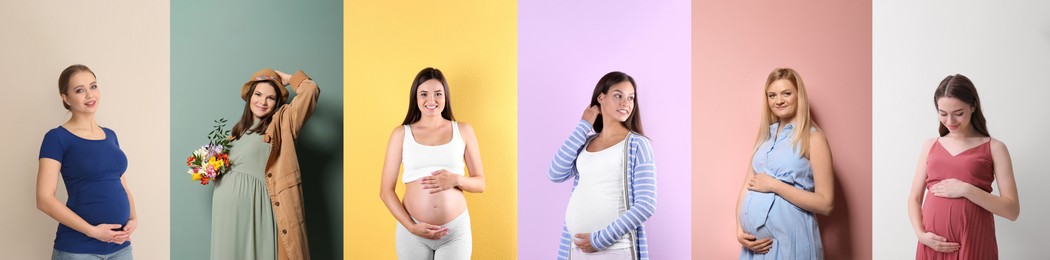 Image of Collage with photos of beautiful pregnant women on different color backgrounds. Banner design