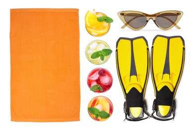 Image of Set with towel and other beach accessories on white background