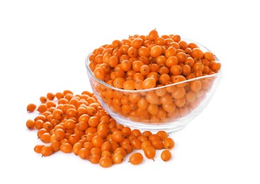 Photo of Fresh ripe sea buckthorn berries in glass bowl on white background