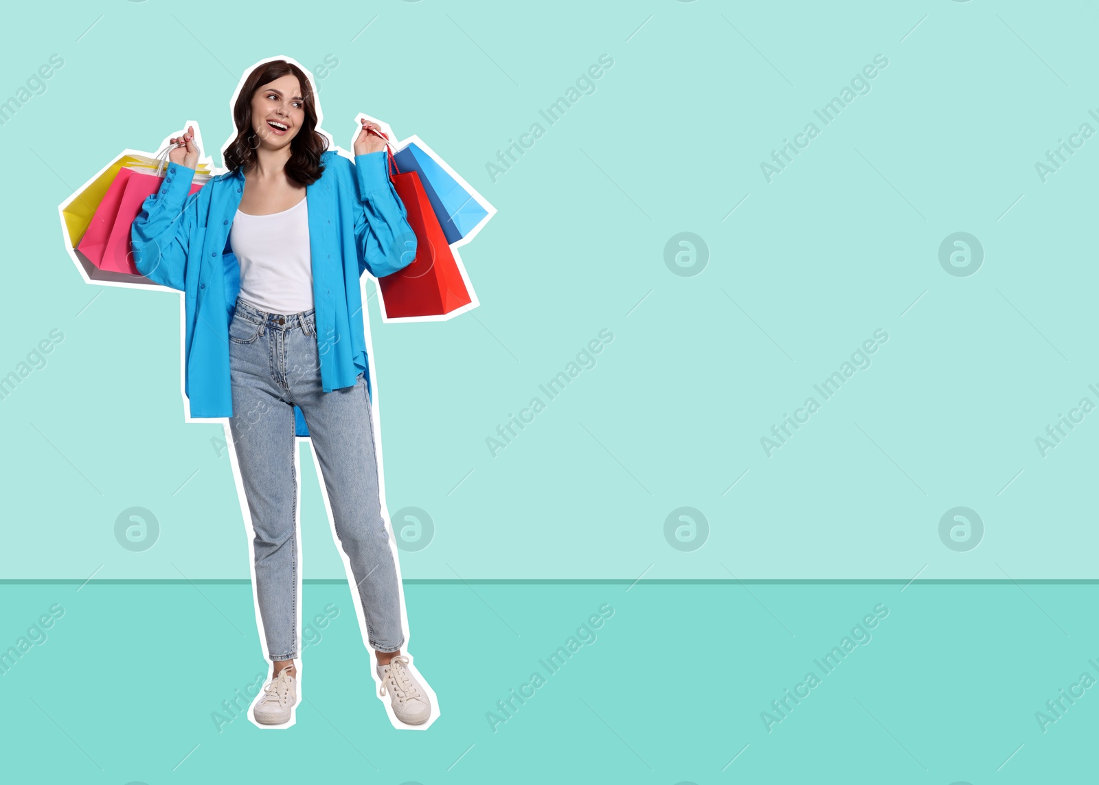 Image of Pop art poster. Beautiful young woman with paper shopping bags on light blue background, pin up style