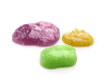Photo of Colorful slimes isolated on white. Antistress toys
