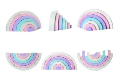 Image of Rainbow in pastel colors isolated on white, different angles. Collage design with children's toy