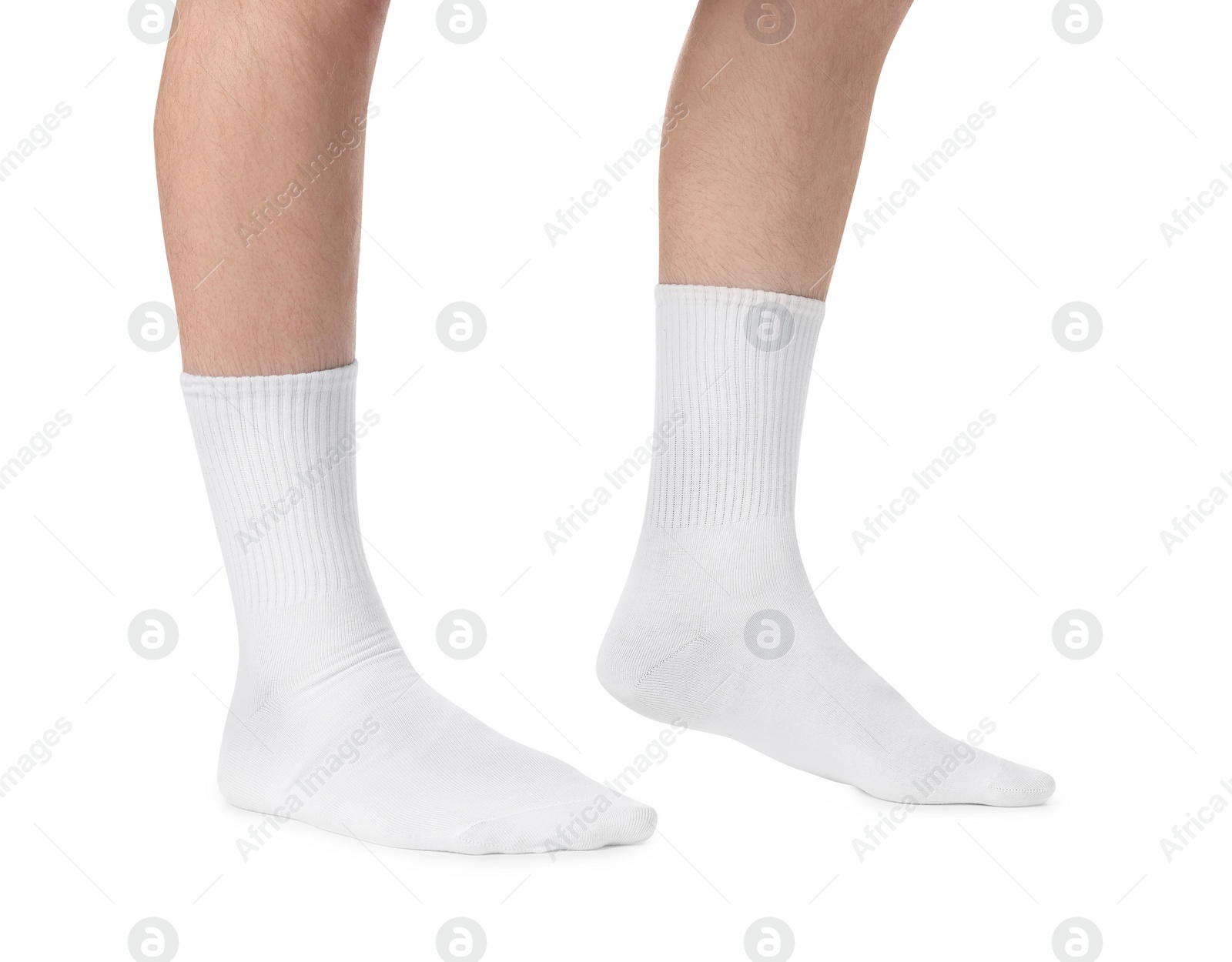 Photo of Man in stylish socks on white background, closeup