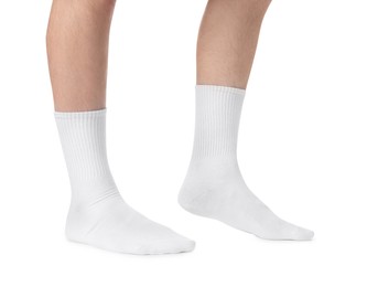 Photo of Man in stylish socks on white background, closeup